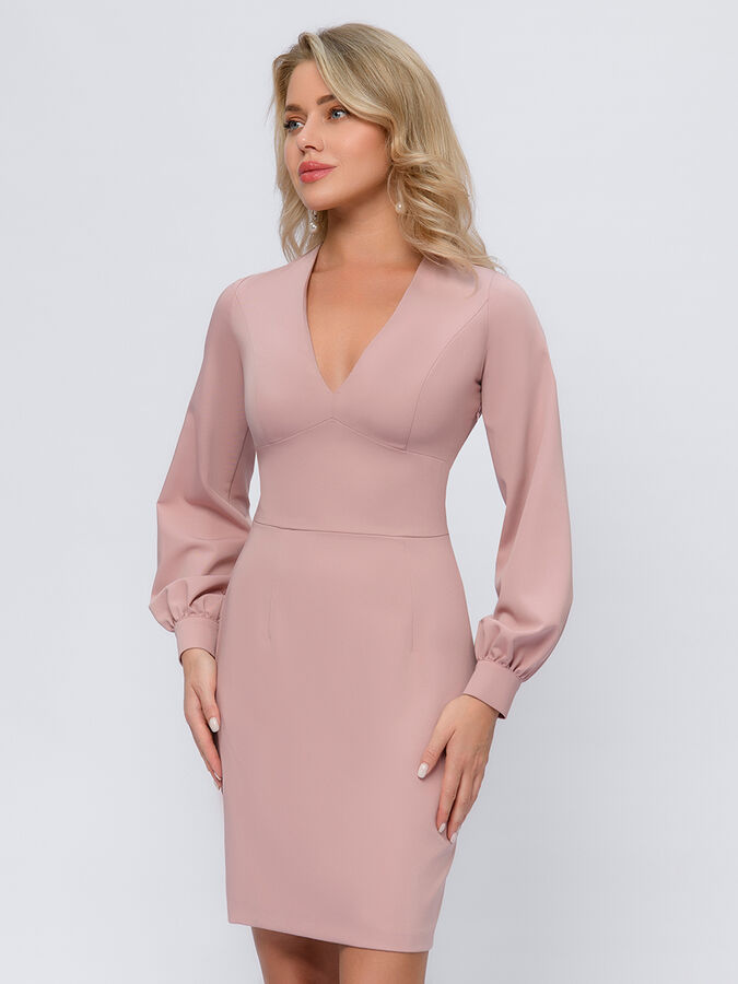 1001 Dress Платье розовое длины мини с длинными рукавами и V-образным вырезом