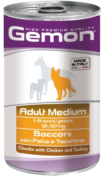 Влажный корм Gemon Dog Medium для взрослых собак средних пород, кусочки с курицей и индейкой, консервы 1250 г