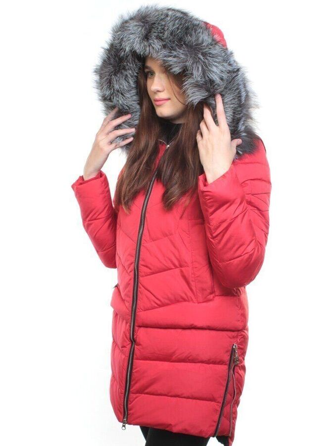163-096 RED Пальто зимнее женское (холлофайбер, натуральный мех чернобурки)