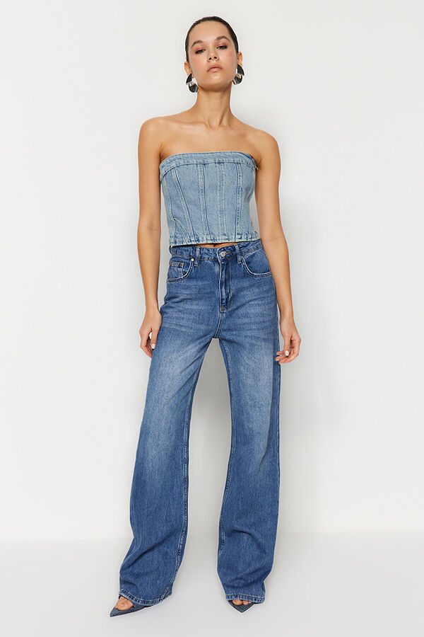 Trendyomilla Синие винтажные джинсы с широкими штанинами и высокой талией с эффектом выцветания