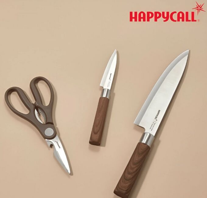 HappyCall Набор WOODIQUE НОЖИ НОЖНИЦЫ 3Р (Нож 8мл/ Нож 3,5мл/ Ножницы)