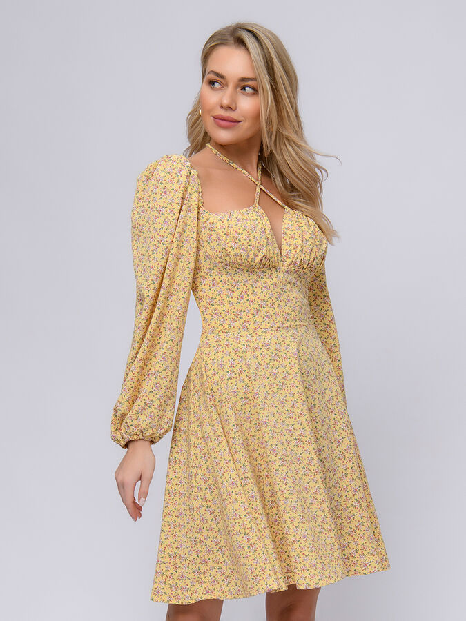 1001 Dress Платье желтого цвета с принтом длины мини со сборкой на лифе
