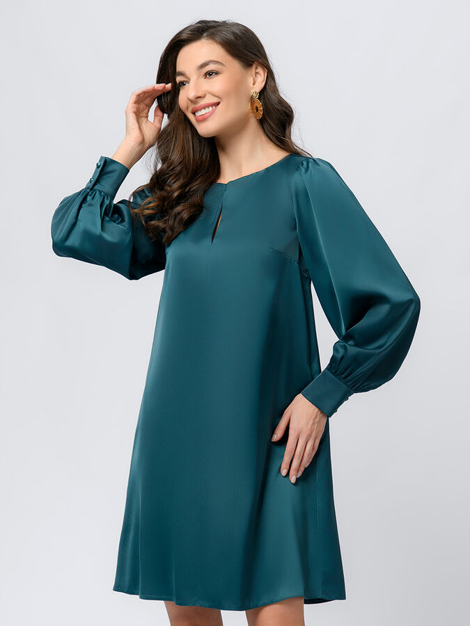 1001 Dress Платье изумрудного цвета длины мини с разрезом на груди и объемными рукавами