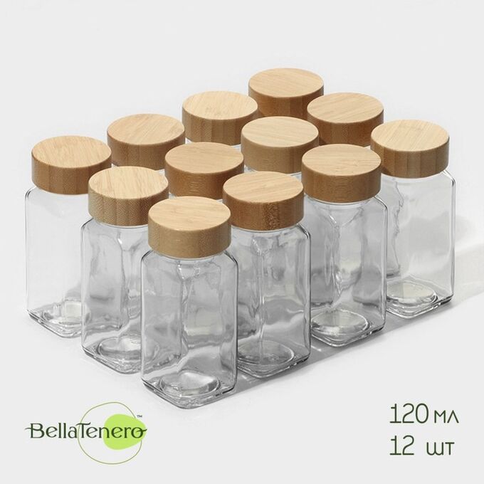 СИМА-ЛЕНД Баночки для специй BellaTenero «Эко», 120 мл, 4.3?11 см, набор 12 шт., с бамбуковой крышкой, стекло, прозрачные