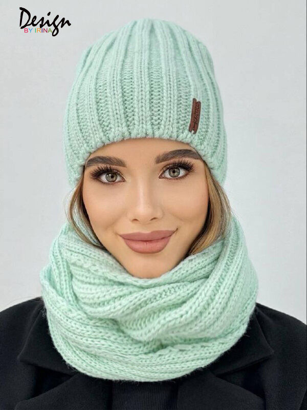 Design by Irina Вязаный комплект «Аида» (снежн.мята) с натуральным помпоном