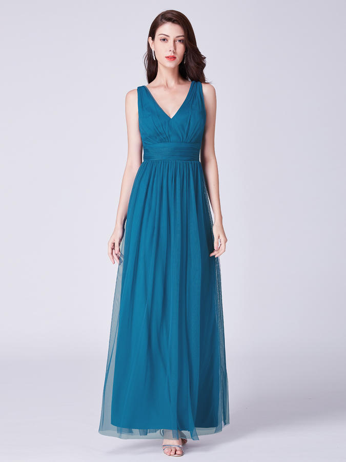 Ярко-синее вечернее шифоновое платье с  V-образным вырезом