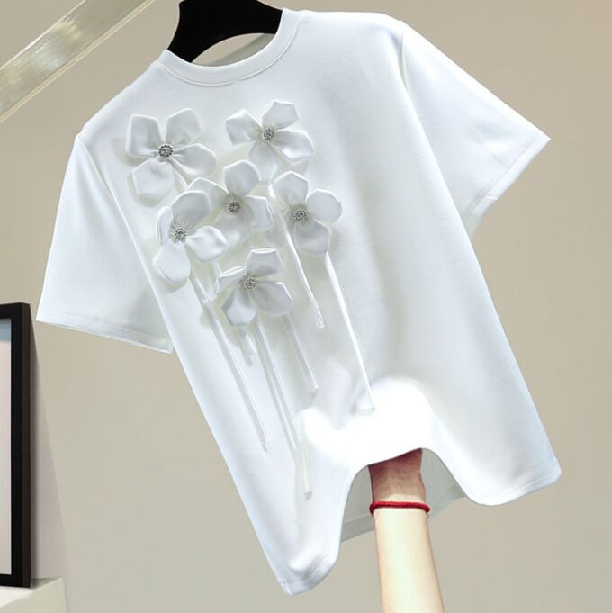 Женская хлопковая футболка с декором в виде цветов, белый