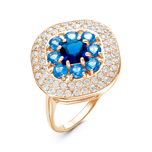 Позолоченное кольцо с голубыми фианитами 056 - п