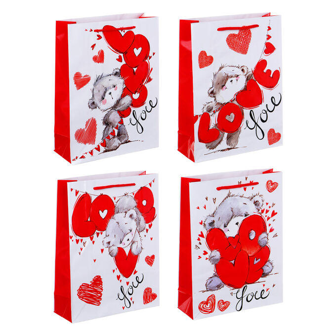 LADECOR Пакет подарочный бумажный, 18x24x7 см, 4 дизайна, Мишки и сердца