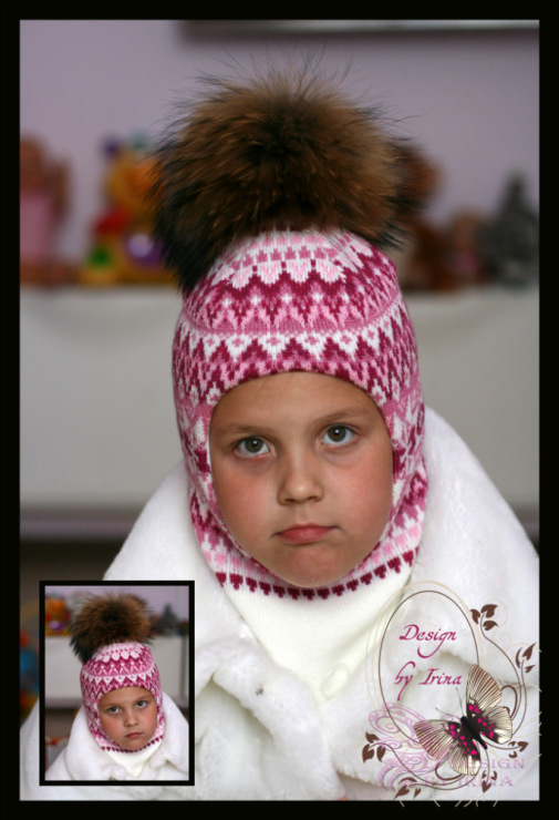 Design by Irina Шлемик для девочки &quot;Лапландия&quot;(роз)(44*46)помпон из натурального меха енота