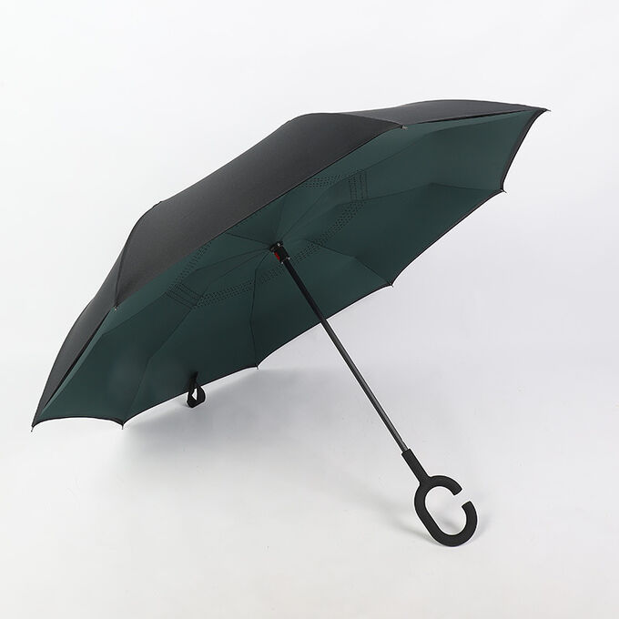 Механический зонт с 8-ю спицами, обратное складывание, С-образная ручка, цвет темно-зеленый