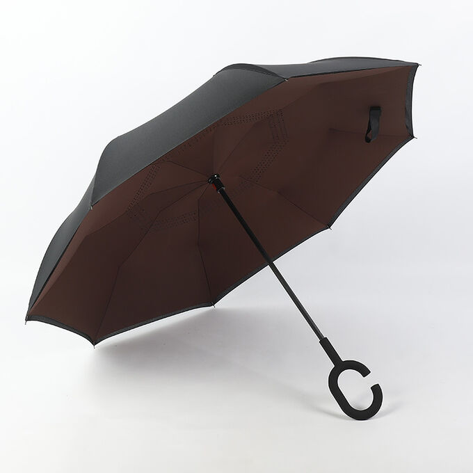 Механический зонт с 8-ю спицами, обратное складывание, С-образная ручка, цвет коричневый