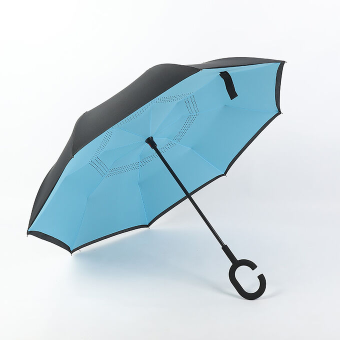 Механический зонт с 8-ю спицами, обратное складывание, С-образная ручка, цвет голубой
