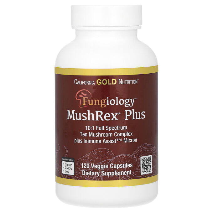 California Gold Nutrition, Fungiology, MushRex Plus, Immune Assist™ Micron, комплекс грибов полного спектра, сертифицированный органический продукт, 120 растительных капсул