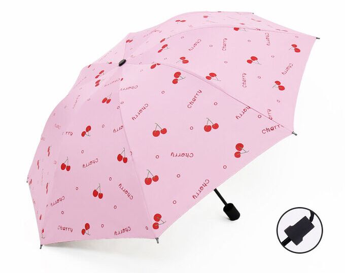 Механический зонт с 8-ю спицами, цвет розовый, принт &quot;Вишенки&quot;