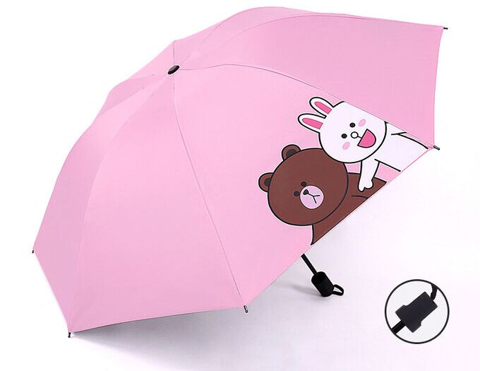 Механический зонт с 8-ю спицами, цвет розовый, принт &quot;Мишка/зайчик&quot;