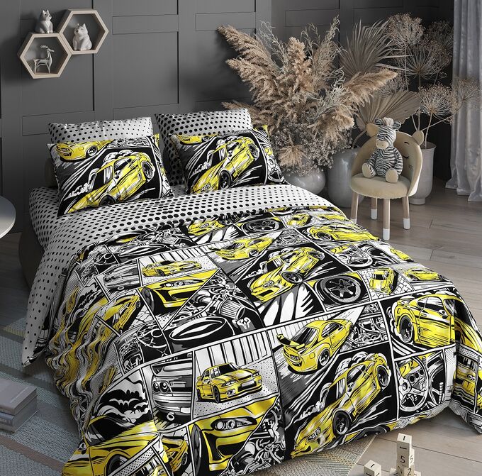 Швейный цех "Маруся" Комплект постельного белья ПОПЛИН Гонки (желтые) 1,5 спальный