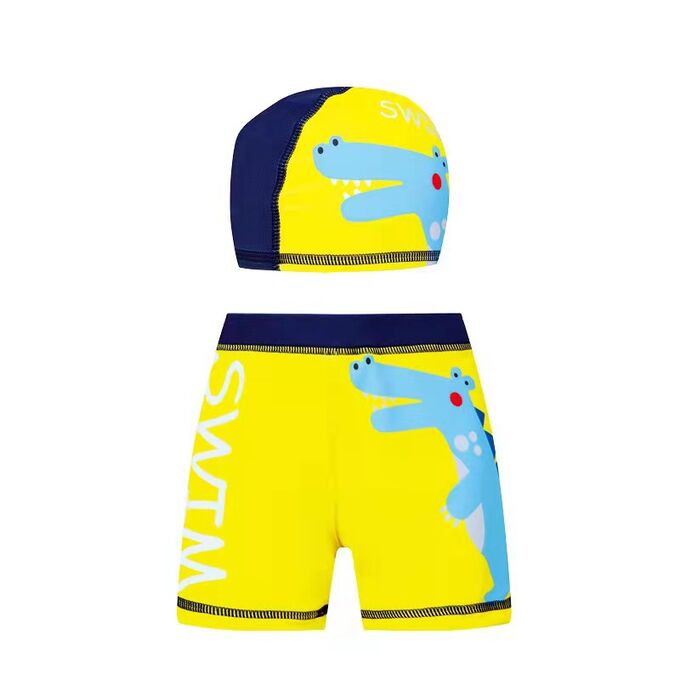 Плавки для мальчика пляжные, удобные и эластичные, с шапочкой для купания, желто-синие с декором