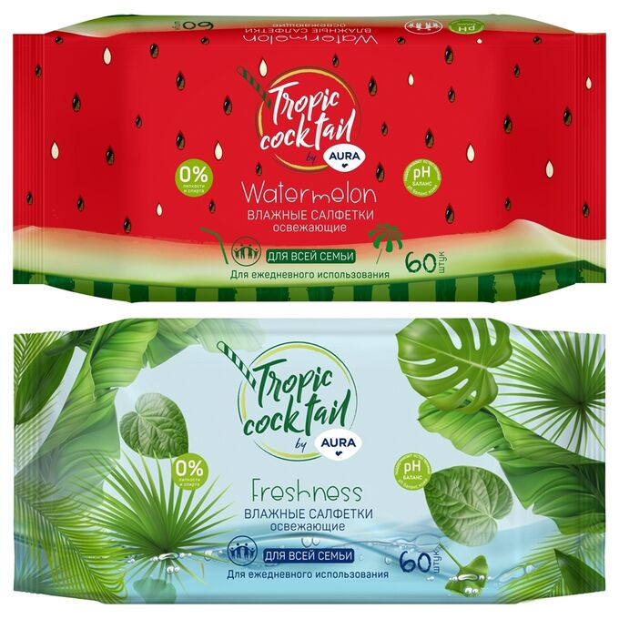 Салфетки влажные Aura &quot;Tropic coctail&quot;, 60шт., освежающие