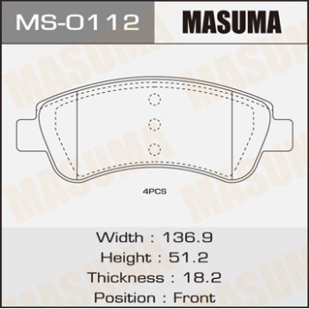 Колодки дисковые MASUMA  PEUGEOT/206/V1400, V1600, V2000 front   (1/12) MS-0112