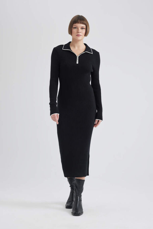 DEFACTO Платье макси стандартного кроя с воротником-поло и застежкой-молнией на половинки с длинными рукавами