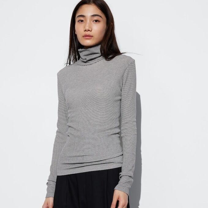 UNIQLO Heattech - тонкая и бесшовная термо-водолазка в мелкую полоску - 01 OFF WHITE