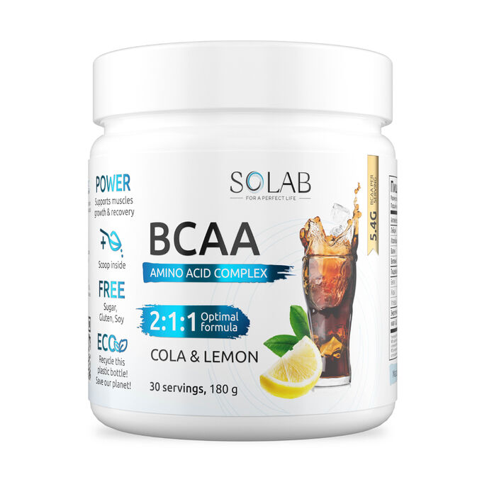 SOLAB Незаменимые аминокислоты BCAA 2:1:1, для восстановления и роста мышечной массы, Вкус Кола-лимон