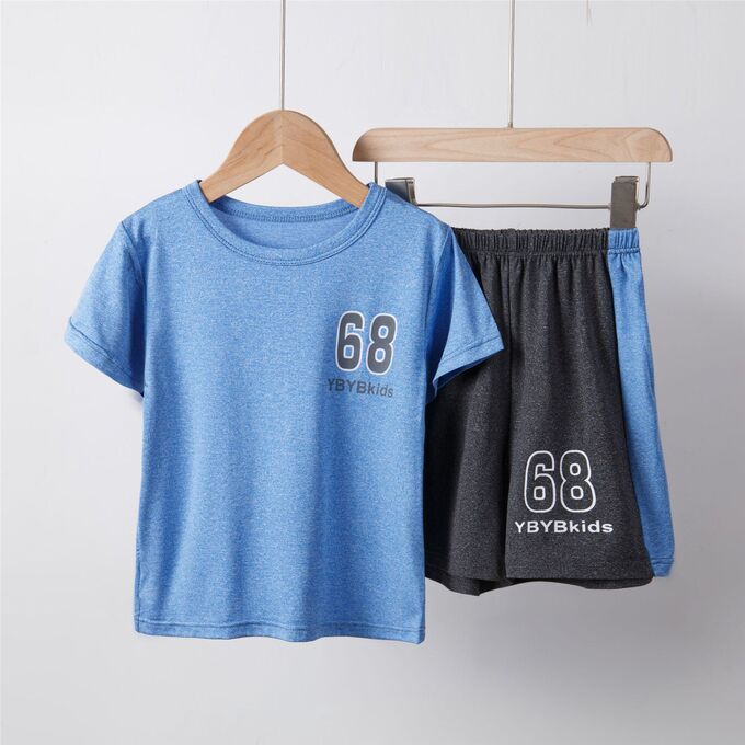 Детский спортивный комплект с принтом: футболка + шорты, цвет синий/графит