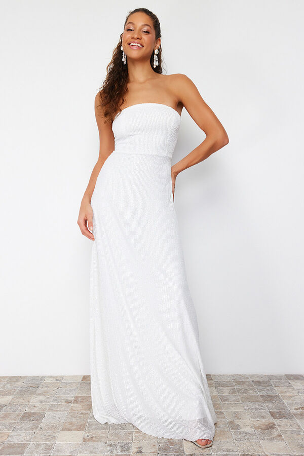 Trendyomilla Белое вечернее платье с блестками для свадьбы/свадьбы, длинное вечернее платье