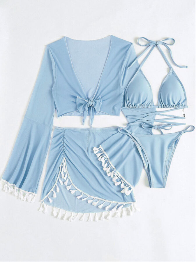 Женский купальный комплект (купальник + юбка + накидка с рукавом, цвет голубой)