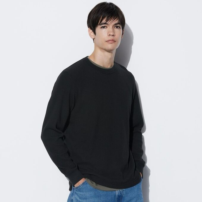 UNIQLO - вафельная футболка с круглым вырезом - 09 BLACK