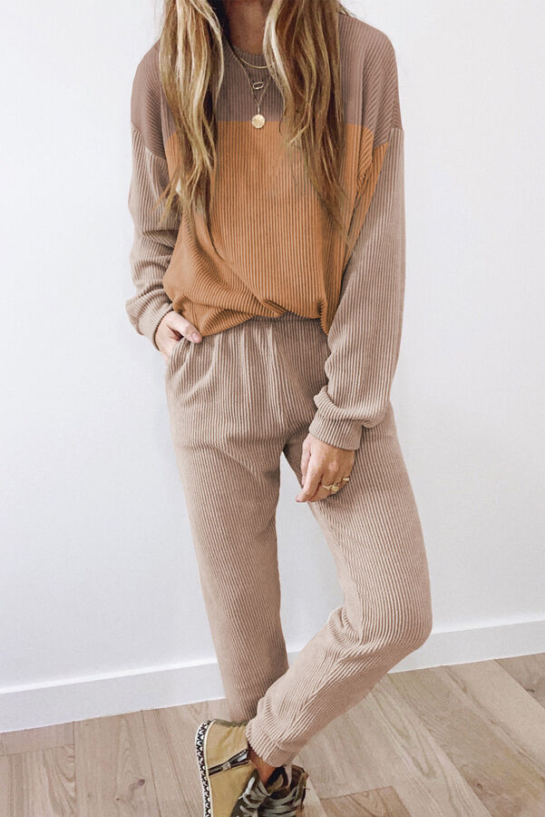 VitoRicci Brown Corded 2pcs Colorblock Pullover and Pants Outfit