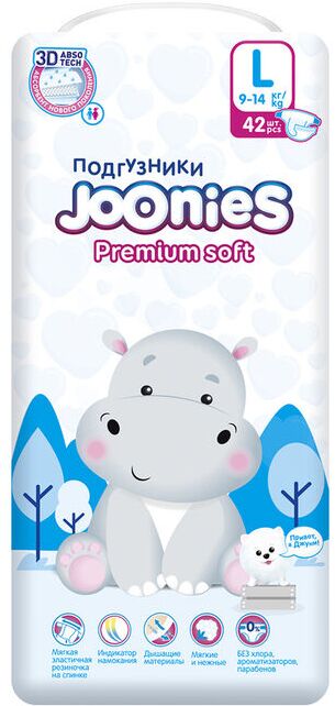 Подгузники Joonies Premium Soft размер L (9-14кг) 42шт