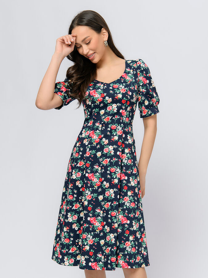 1001 Dress Платье темно-синего цвета длины миди с цветочным принтом и V-образным вырезом