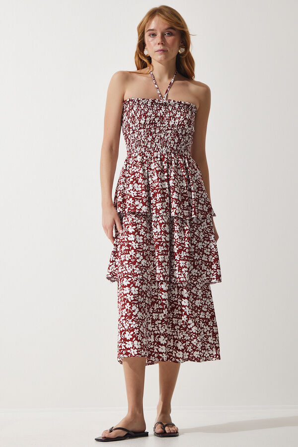 happinessistanbul Женское коричневое летнее вискозное платье с воланами с цветочным принтом UB00226