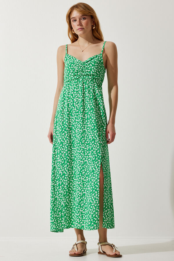 happinessistanbul Женское зеленое вискозное платье с узором на бретелях UB00236
