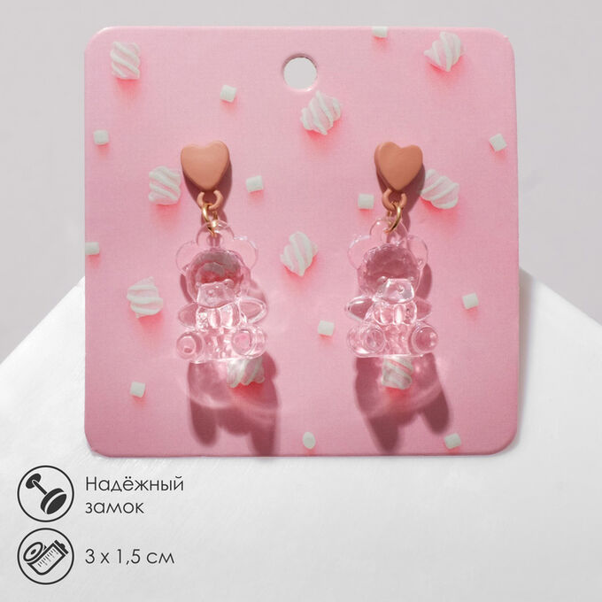 Queen fair Серьги пластик «Мишки» с сердечками, цвет розовый в золоте