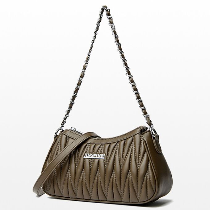 COSMOСOLLECTION_BAGS Сумка-багет из натурал. кожи, с ремнем и цепочкой, серо-зеленый