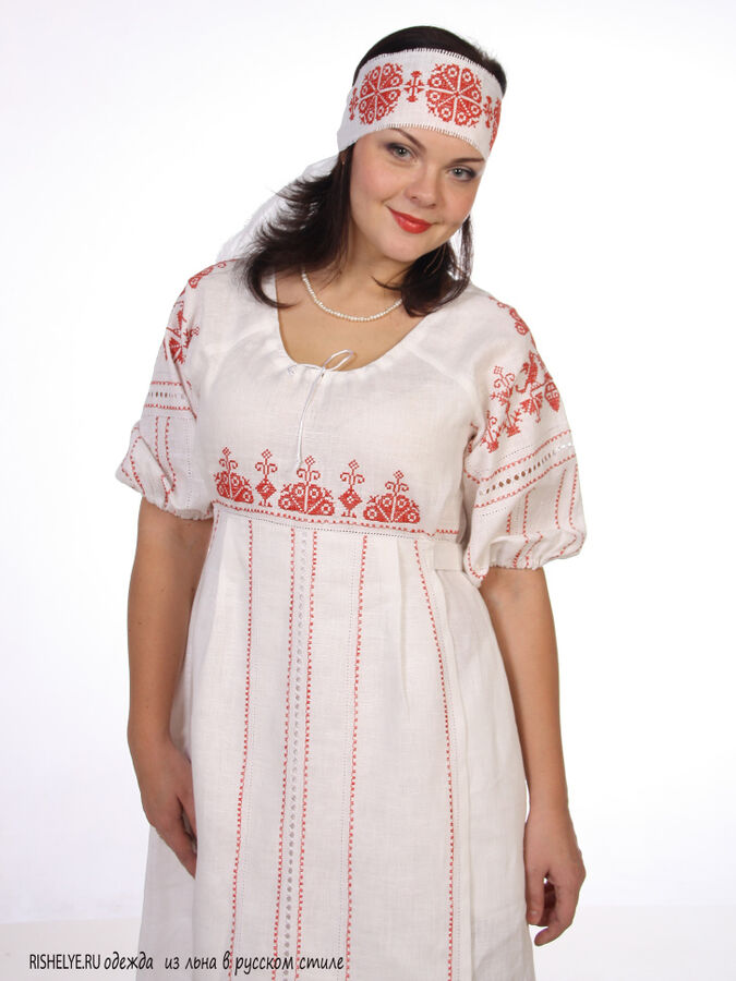 Ришелье Платье в русском стиле Россиянка | лен белый вышивка