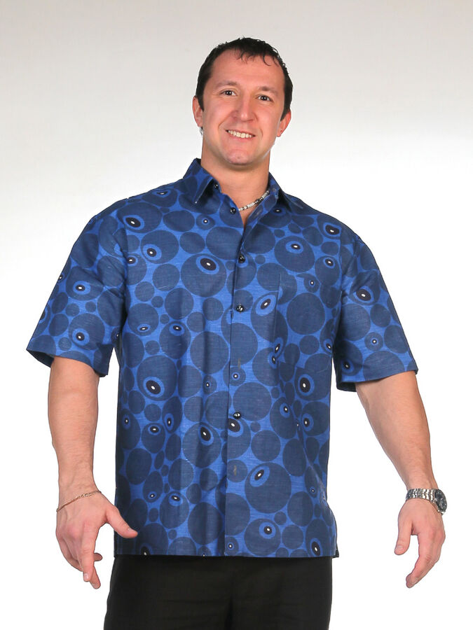 Ришелье Рубашка льняная | синяя с принтом графические круги