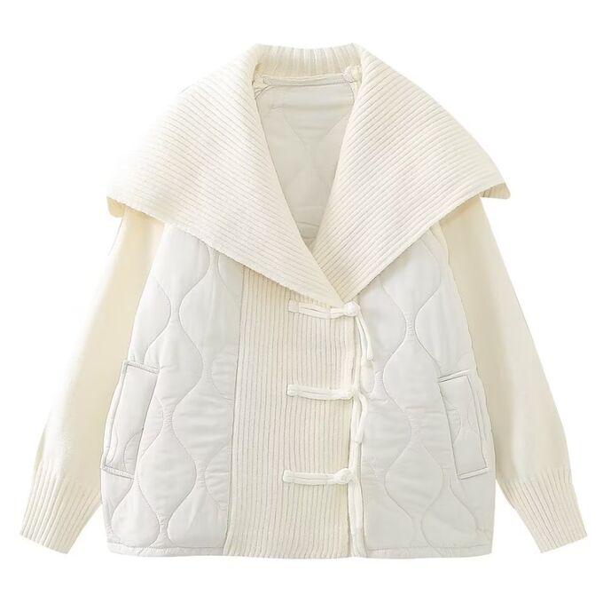 Стеганая весенне-осенняя куртка с матросским воротником и трикотажными элементами, белый