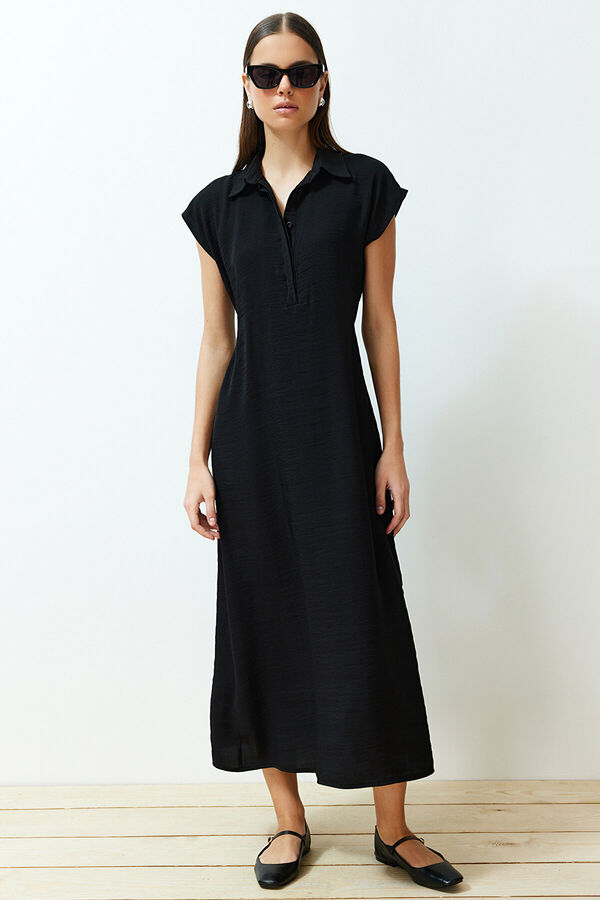 Trendyomilla Черное платье макси с вырезом-рубашкой и воротником-стойкой