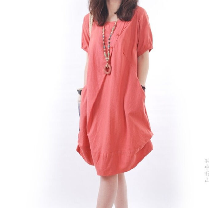 Женское миди-платье с короткими рукавами и карманами, цвет коралловый