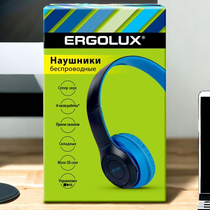 Наушники накладные беспроводные, FM, MP3, микрофон, Синие, Коробка. ERGOLUX ELX-BTHP01-C06