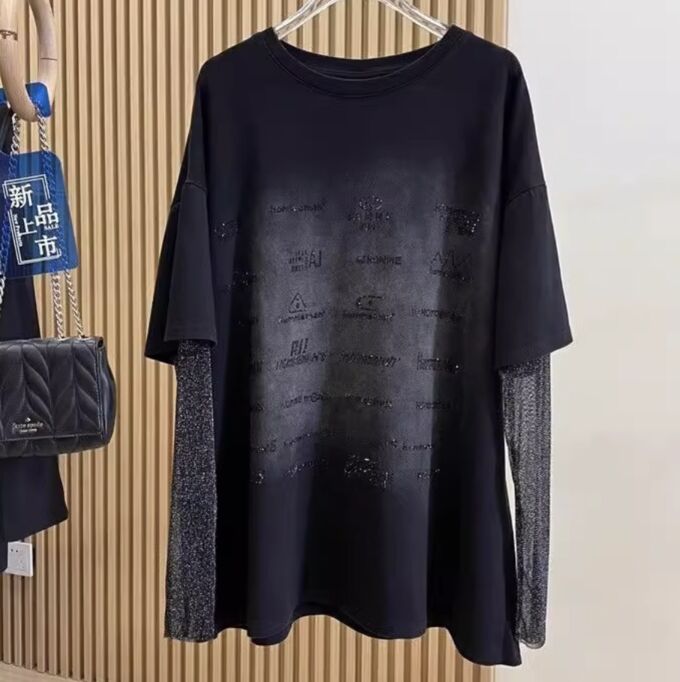 Футболка в стразах с серебряными рукавами-сеткой, черная | Женская ...