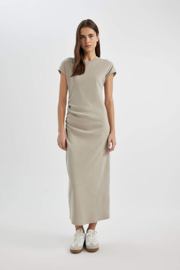 DEFACTO Облегающее платье миди с круглым вырезом в рубчик и короткими рукавами
