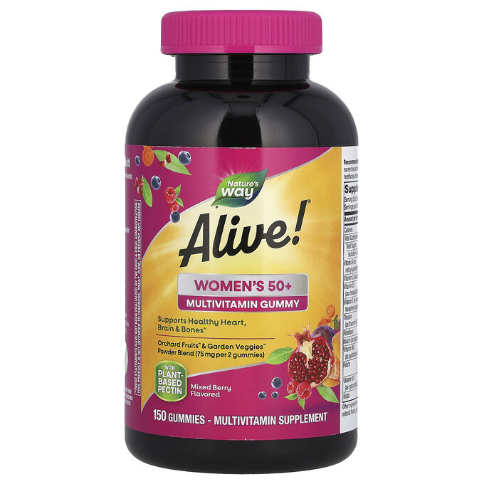 Nature&#039;s Way, Alive! Жевательные мультивитамины для женщин старше 50 лет, ягодное ассорти, 150 жевательных таблеток