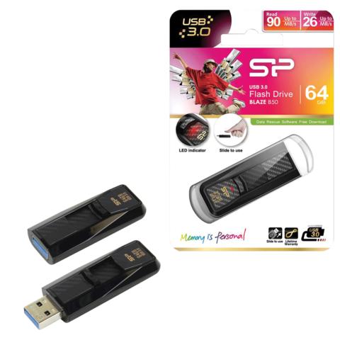 Флэш-диск 64GB SILICON POWER Blaze B50 USB 3.1, черный, SP06