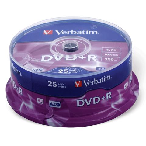 Диски DVD+R(плюс) VERBATIM 4,7Gb 16x 25шт Cake Box 43500 (ш/