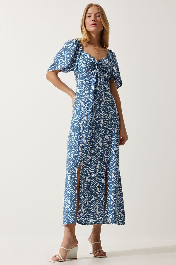 happinessistanbul Женское вискозное платье индиго синего цвета с разрезом и воланами UB00247